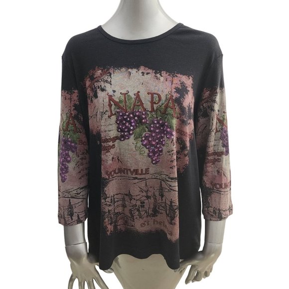 A.L.C. Napa Wine Rhinestone Grapes Black Shirt Top ALC 1X - Picture 1 of 4